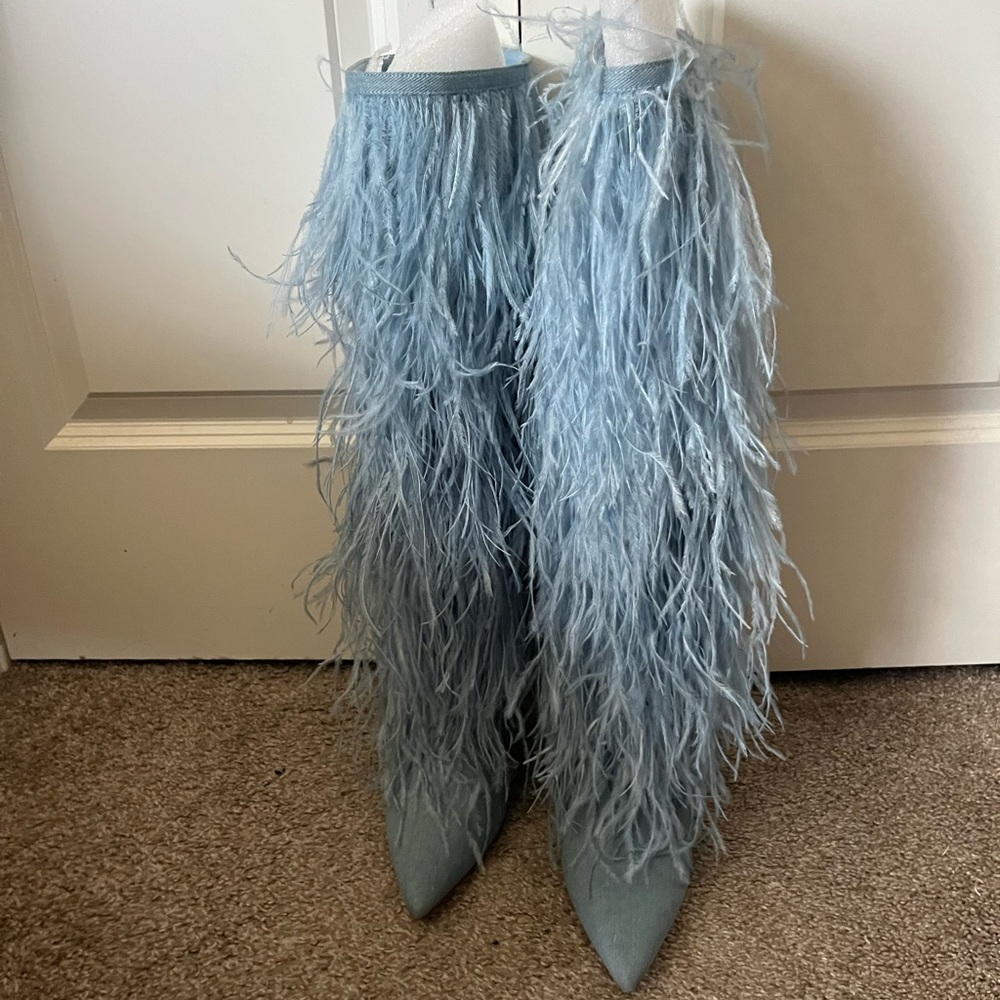 Steve Madden Light Blue Feathered Heeled Boots - Picture 4 of 5